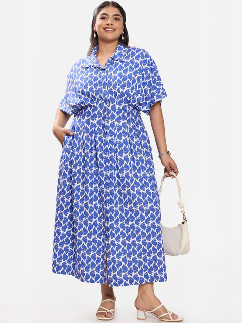 Virgio Striped Cotton Shirt Collar Midi Short Sleeves Plus Size Dresses