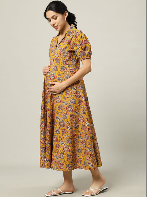 Pahanawa Floral Print Puff Sleeve Maternity A-Line Midi Dress