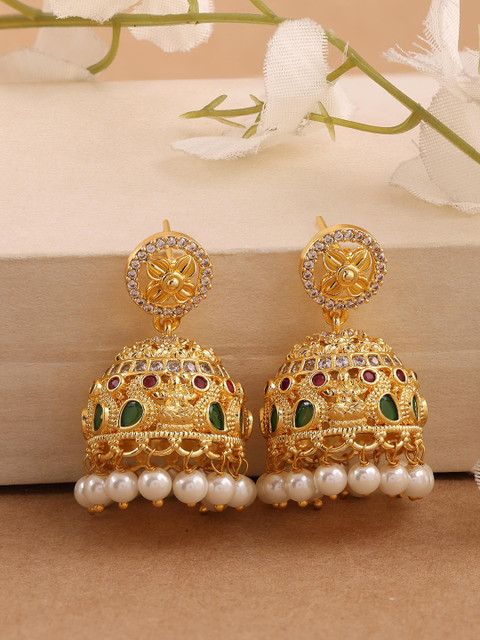 AILYAK Women 18kt Gold Plated Emerald & Zirconia Studded Temple Jhumkas with Pearl Drops