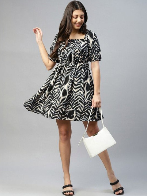 Nayu Enterprise Print Puff Sleeve Fit & Flare Dress