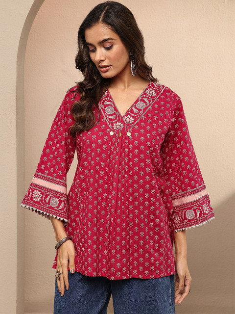 Libas Ethnic Motifs Printed V-Neck Thread Work Thread Work Kurti