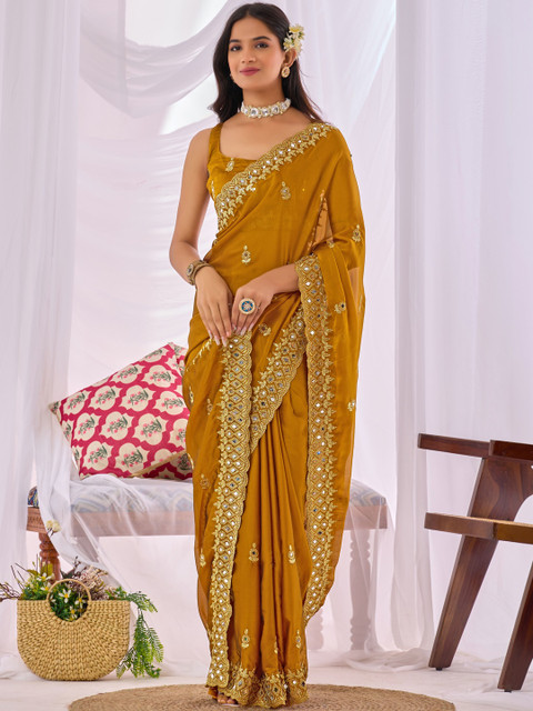 DISHA FASHION Embellished Mirror Work Art Silk Heavy Work Banarasi Saree