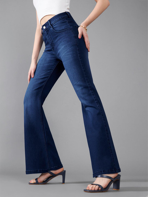 DOLCE CRUDO Women High-Rise Clean-Look Regular-Length Stretchable Flared Denim Jeans