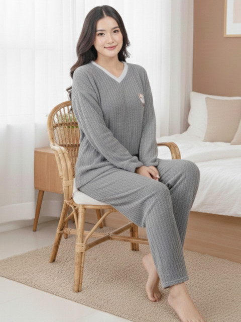 Lugo Women Wool Blended Grey V-neck Night suit With Long Sleeves