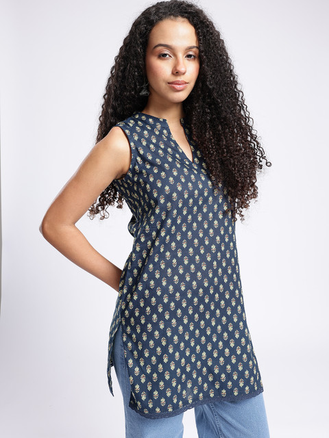 fusion by glitchez Floral Printed Mandarin Collar Straight Kurti