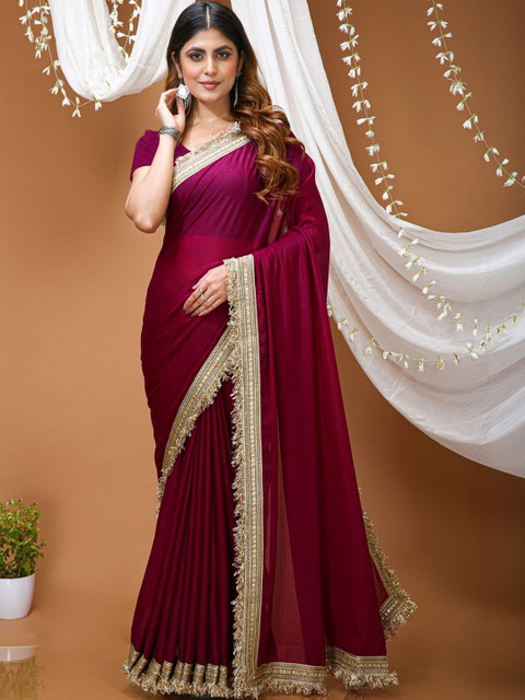 HERE&NOW Women Star Georgette Bollywood Wine Saree