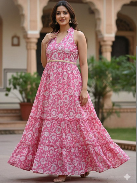 MF ERA Floral Printed Halter Neck Tiered Anarkali Kurti