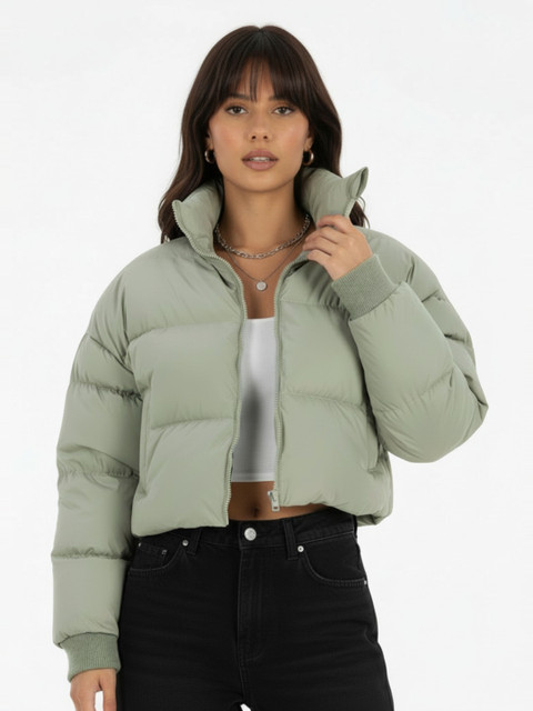 glitchez Mock Collar Crop Oversized Puffer Jacket with Toggled Hem