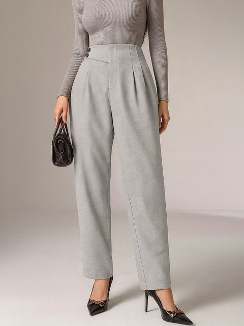 SAKHWALA Women Relaxed Straight Leg Loose Fit High-Rise Wrinkle Free Pleated Trousers