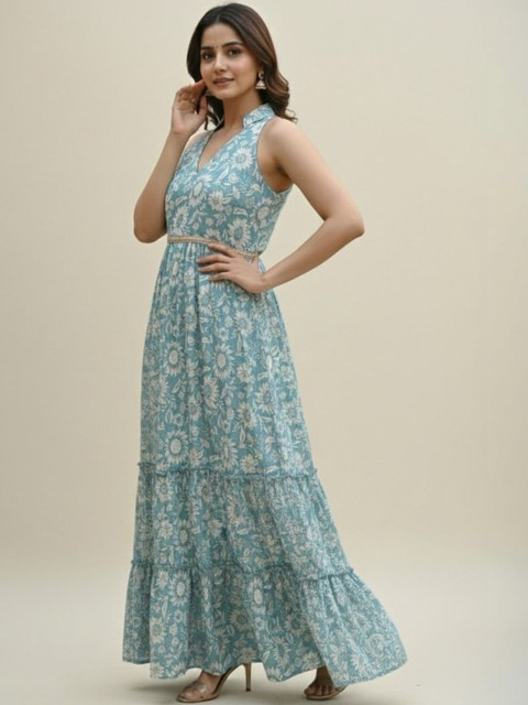 MF ERA Botanical Printed V-Neck Tiered Anarkali Kurti