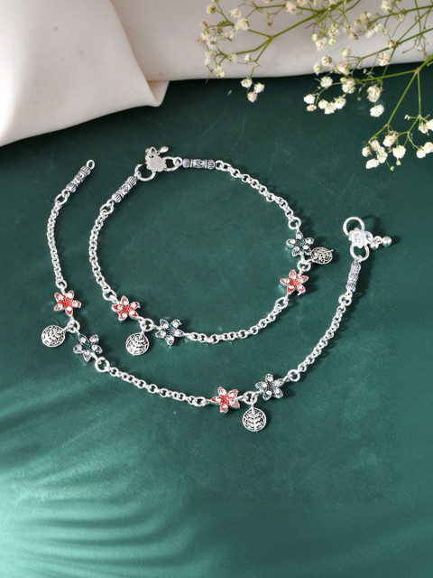 Jewels Nest Silver-Plated Artificial Stones and Beads Anklet