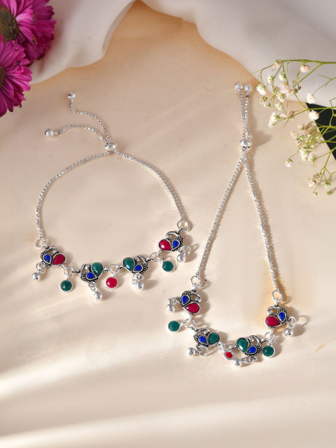 Jewels Nest Silver-Plated Artificial Stones and Beads Anklet