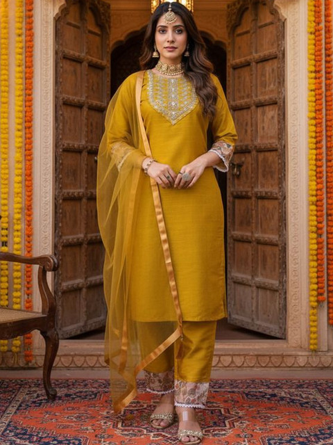 Twika Women Ethnic Motifs Embroidered Regular Thread Work Kurta with Trousers & With Dupatta