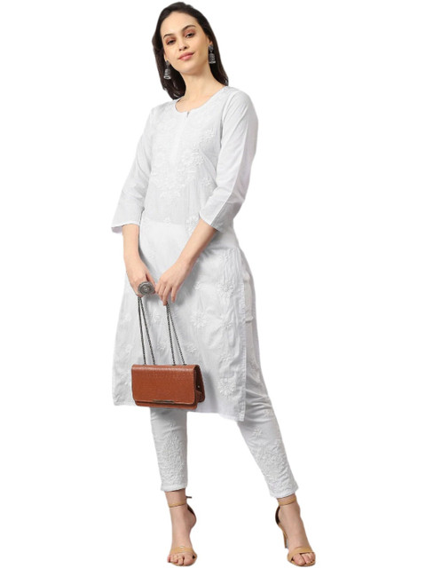 THE CHIKANKARI STORY Ethnic Motifs Embroidered Chikankari Pure Cotton Chikankari Kurti - Image 4