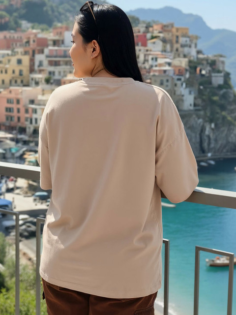 Bewakoof Heavy Duty Women Taupe Brown Oversized Plus Size T-shirt - Image 3