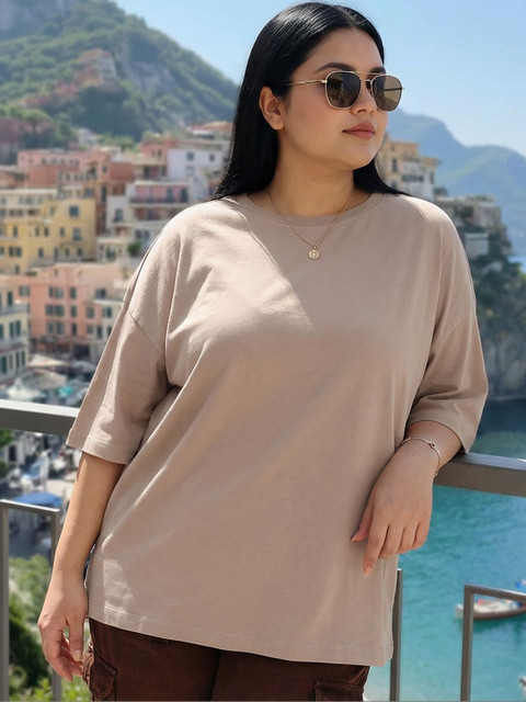 Bewakoof Heavy Duty Women Taupe Brown Oversized Plus Size T-shirt