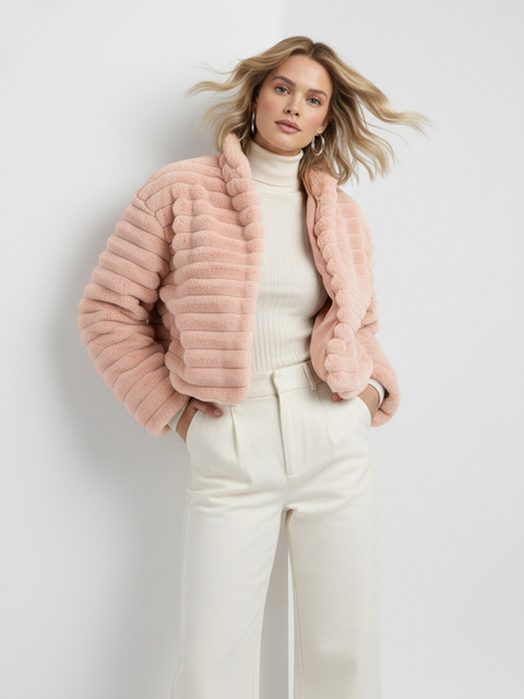 French Connection Faux Fur Trim Shawl Collar Open Front Jacket