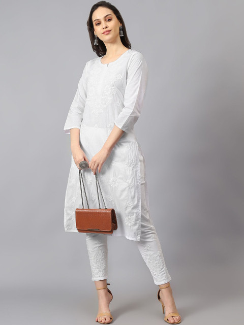 THE CHIKANKARI STORY Ethnic Motifs Embroidered Chikankari Pure Cotton Chikankari Kurti