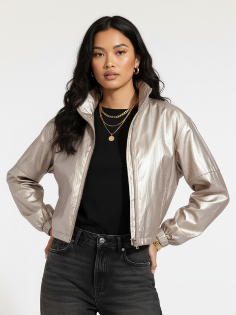 glitchez Mock Collar Oversized Crop Bomber Jacket