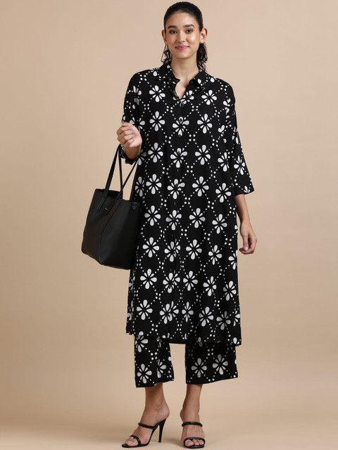 BLACK & BLAH BLAH Women Floral Printed Regular Kurta with Trousers