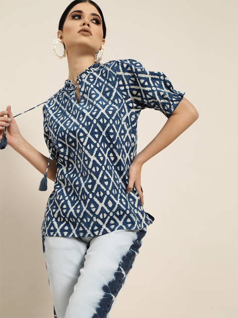 Taavi Women Navy Blue & White Indigo Dyed Cotton Top