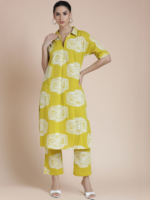 BLACK & BLAH BLAH Floral Printed Cotton Kurta With Trousers