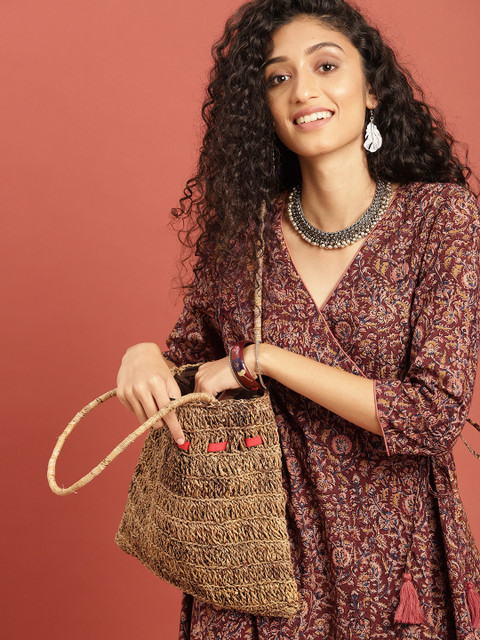 Taavi Women Rust Brown Kalamkari Hand Block Printed A-Line Angrakha Kurta with Tie-Ups - Image 3