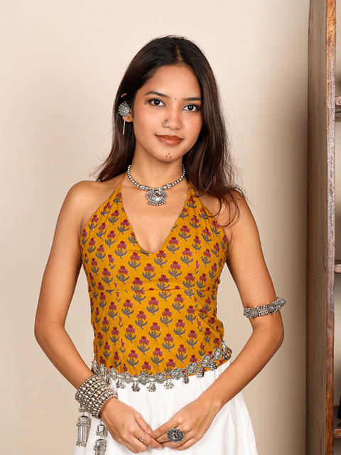 NISHORAMA Women Floral Printed Halter Neck Ethnic Cotton Top