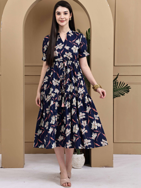 Roly Poly Floral Print Puff Sleeve A-Line Midi Dress