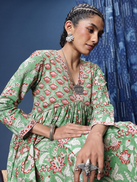 Taavi Floral Printed Pure Cotton Empire Midi Dress