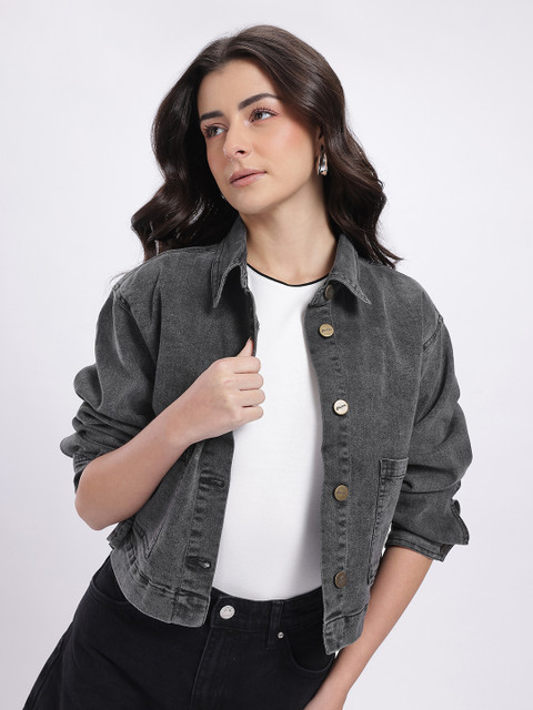 glitchez Spread Collar Relaxed Fit Pure Cotton Denim Jacket