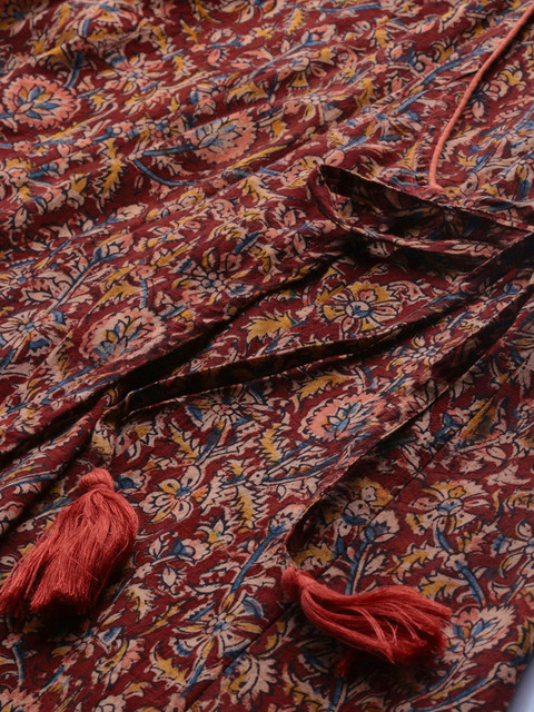 Taavi Women Rust Brown Kalamkari Hand Block Printed A-Line Angrakha Kurta with Tie-Ups - Image 4