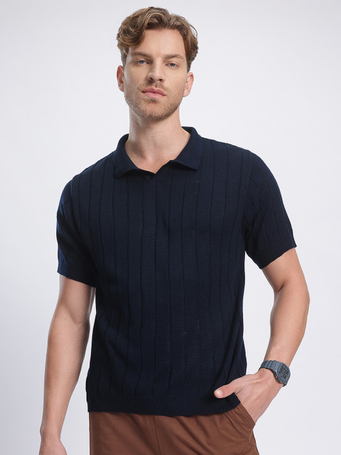 Navy Blue Self-Striped Relaxed Fit Polo Collar T-shirt