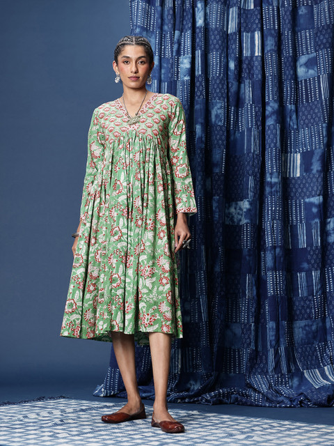 Taavi Floral Printed Pure Cotton Empire Midi Dress - Image 2