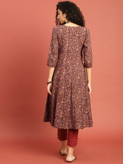 Taavi Women Rust Brown Kalamkari Hand Block Printed A-Line Angrakha Kurta with Tie-Ups - Image 2