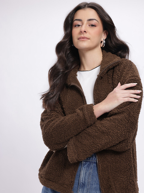 glitchez Mock Collar Drop-Shoulder Sleeves Oversized Sherpa Jackets