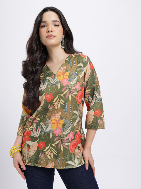 Anouk Rustic Floral Printed V-Neck Straight Kurti