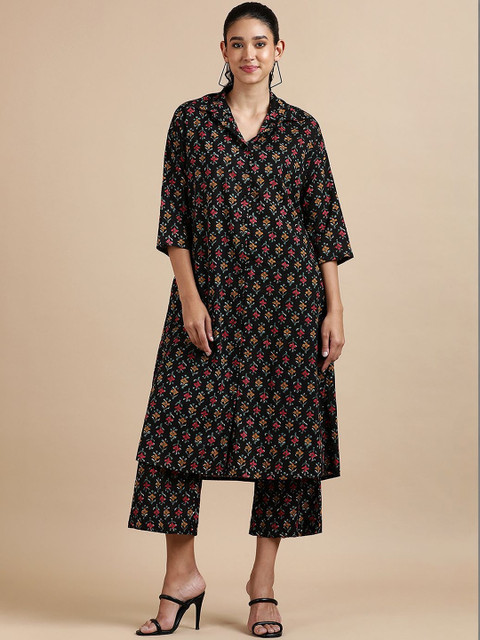 BLACK & BLAH BLAH Floral Printed Regular Pure Cotton Kurta With Trousers