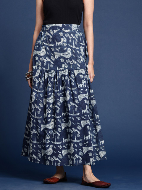 Taavi Women Ethnic Motifs Printed Pure Cotton Indigo Maxi Skirt