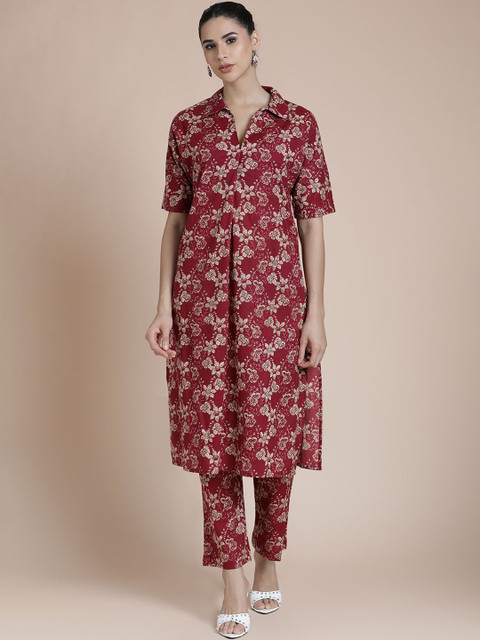 BLACK & BLAH BLAH Floral Printed Pure Cotton Kurta With Trousers