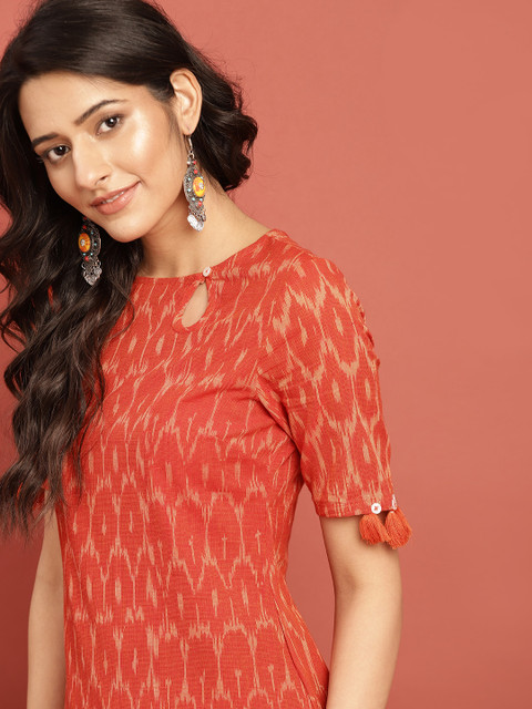 Taavi X fwd Women Orange Woven Design Ikat Straight Kurta with Tassel Detai