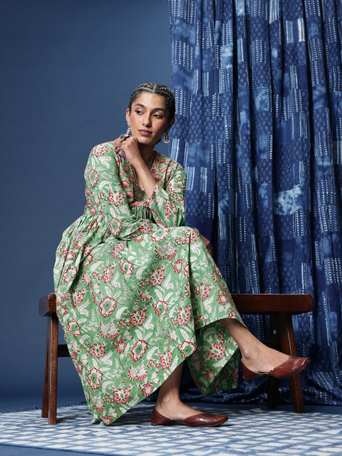 Taavi Floral Printed Pure Cotton Empire Midi Dress - Image 4
