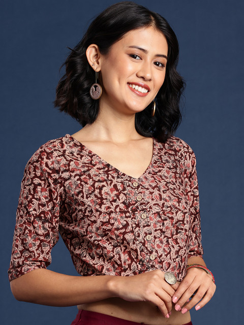 Taavi Kalamkari Printed Cotton Non Paded Saree Blouse