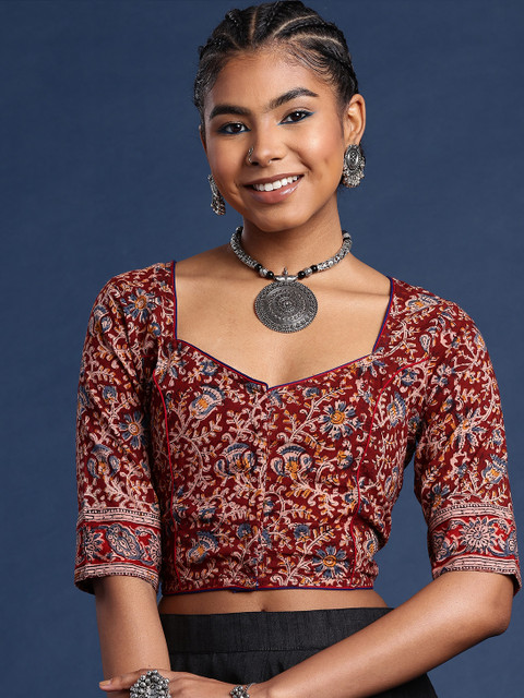 Taavi Kalamkari Hand Block Printed Sweetheart Neck Cotton Non Padded Saree Blouse