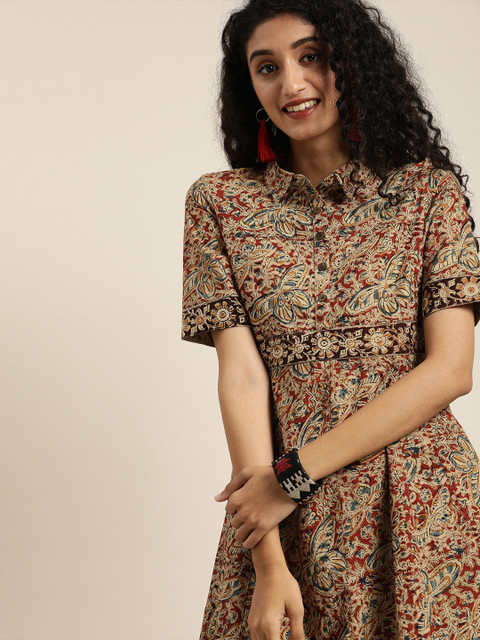 Taavi Women Beige & Red Kalamlari Hand Block Print Fit & Flare Dress with Pockets