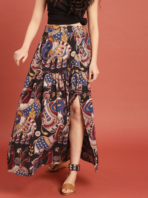 Taavi Black & Maroon Kalamkari Hand Block Print Ethnic Maxi Cotton Skirt with Gathers