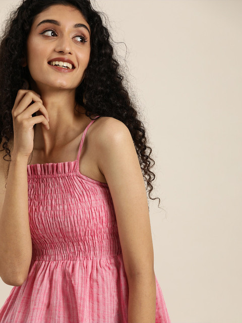 Taavi Pink Striped Woven Legacy A-Line Cotton Top with Smocking Detail