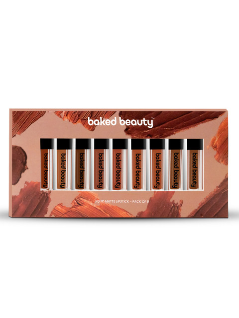 Baked Beauty Set Of 9 Liquid Matte Lipstick With Jojoba Oil - 1.5 ml Each - Brown Palette