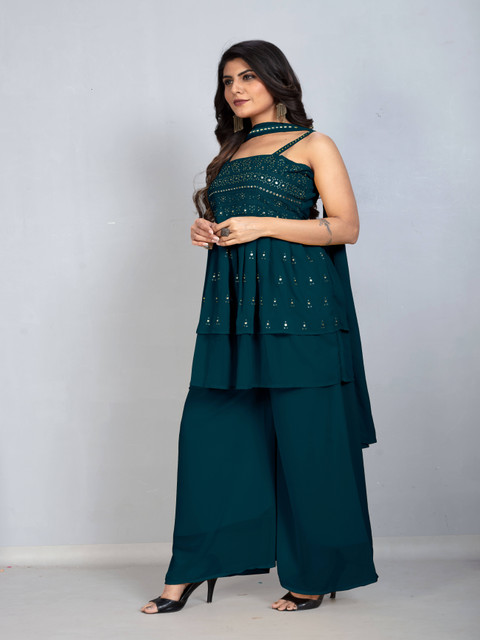 SANCIA Floral Embroidered Shoulder Straps Georgette A-Line Kurti With Palazzo & Dupatta - Image 4