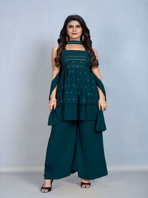 SANCIA Floral Embroidered Shoulder Straps Georgette A-Line Kurti With Palazzo & Dupatta